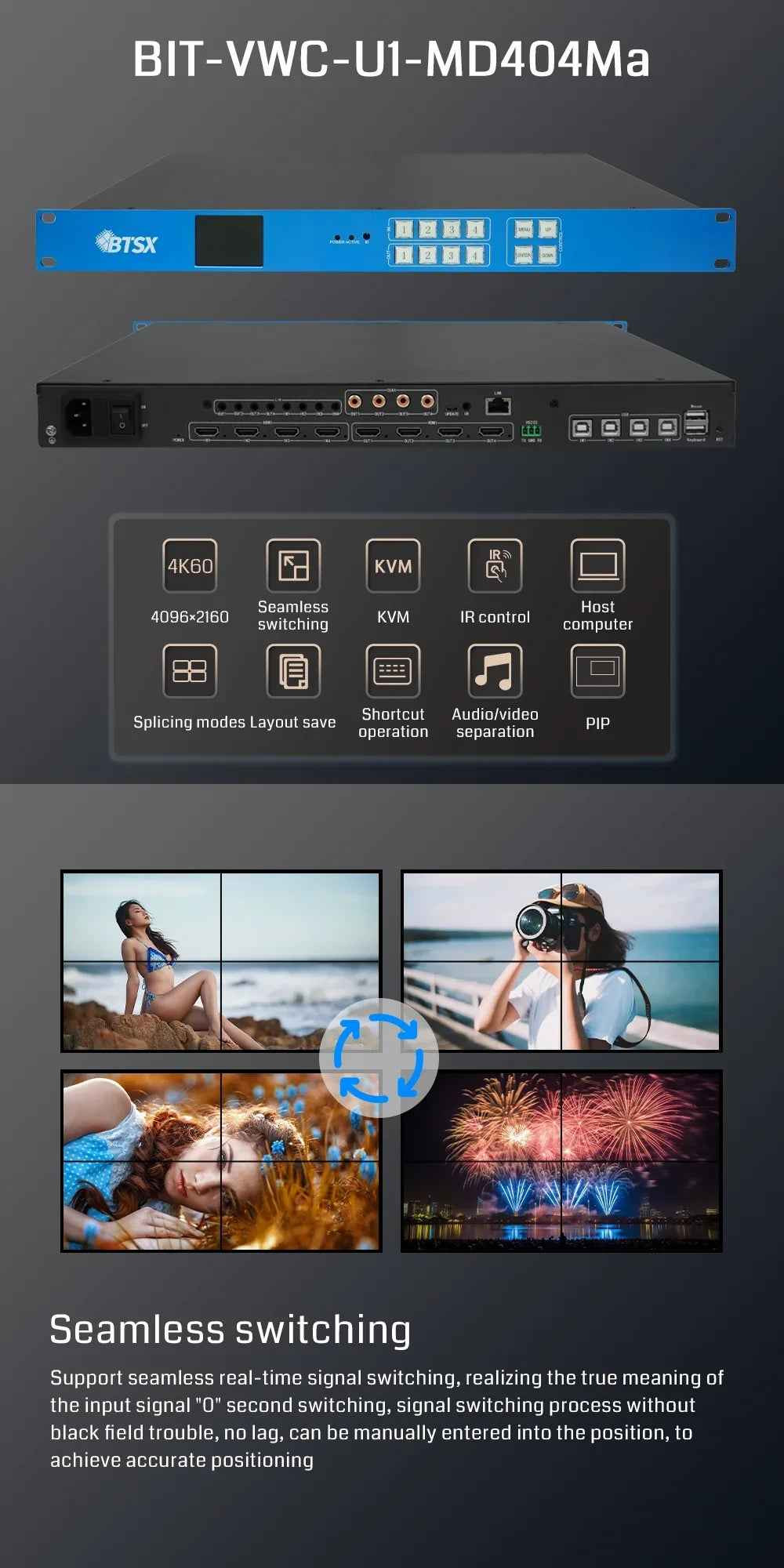 Bitvisus 4K60 Video Wall Controller POP HDMI PIP Editable Resolution Seamless KVM Audio Video Matrix