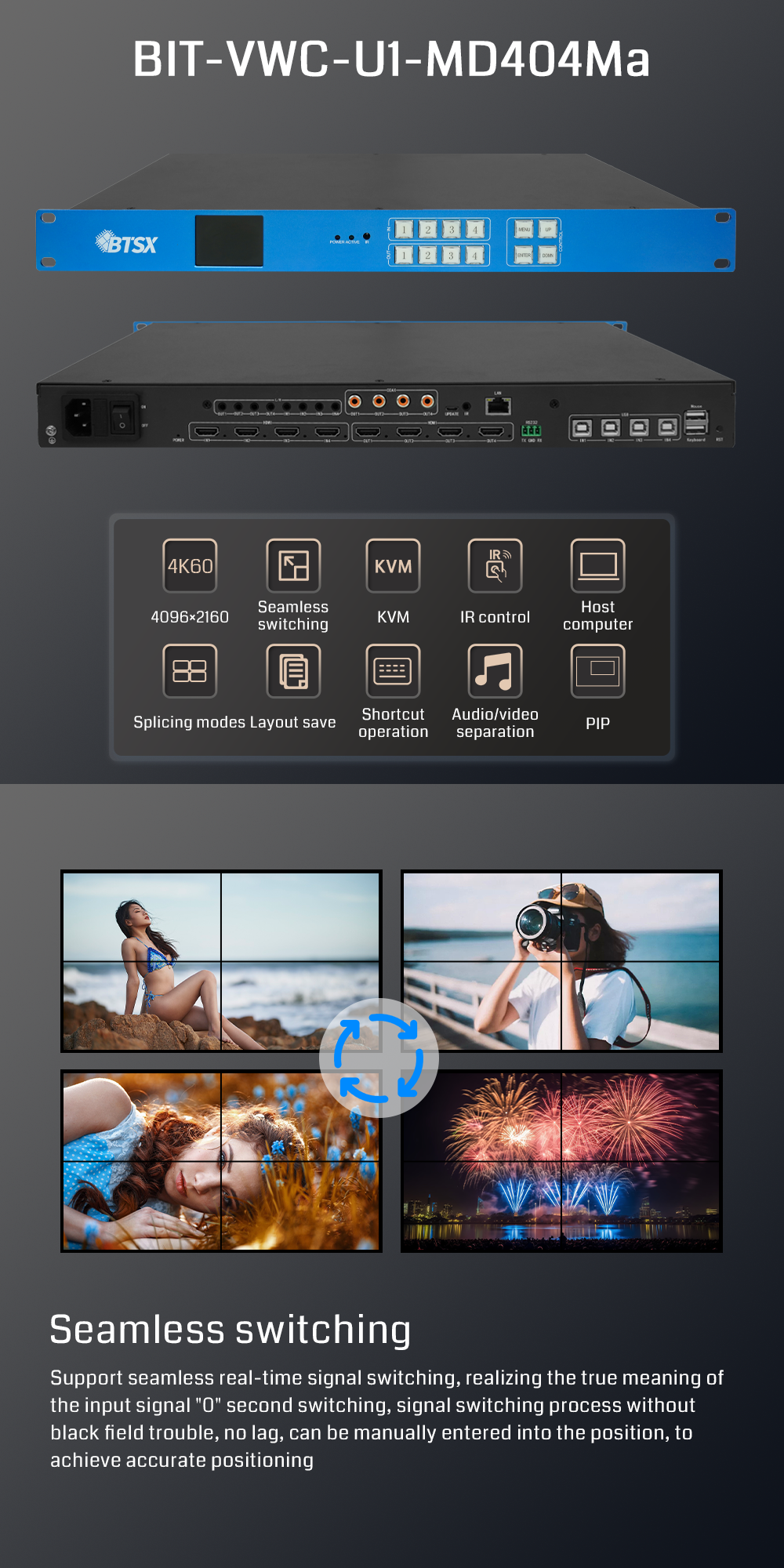 Bitvisus BIT-VWC-U1-MD404Ma 4K60 POP HDMI PIP Editable Resolution Seamless KVM Audio Video Matrix Video Wall Controller
