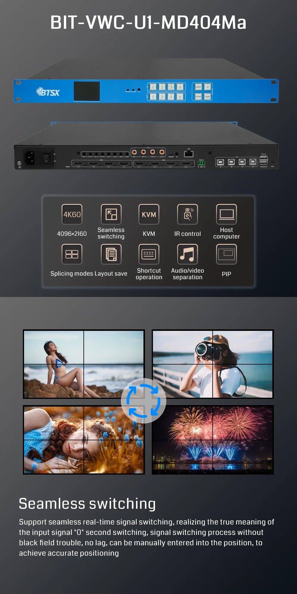 Bitvisus BIT-VWC-U1-MD404Ma 4K60 POP HDMI PIP Editable Resolution Seamless KVM Audio Video Matrix Video Wall Controller - BITVISUS