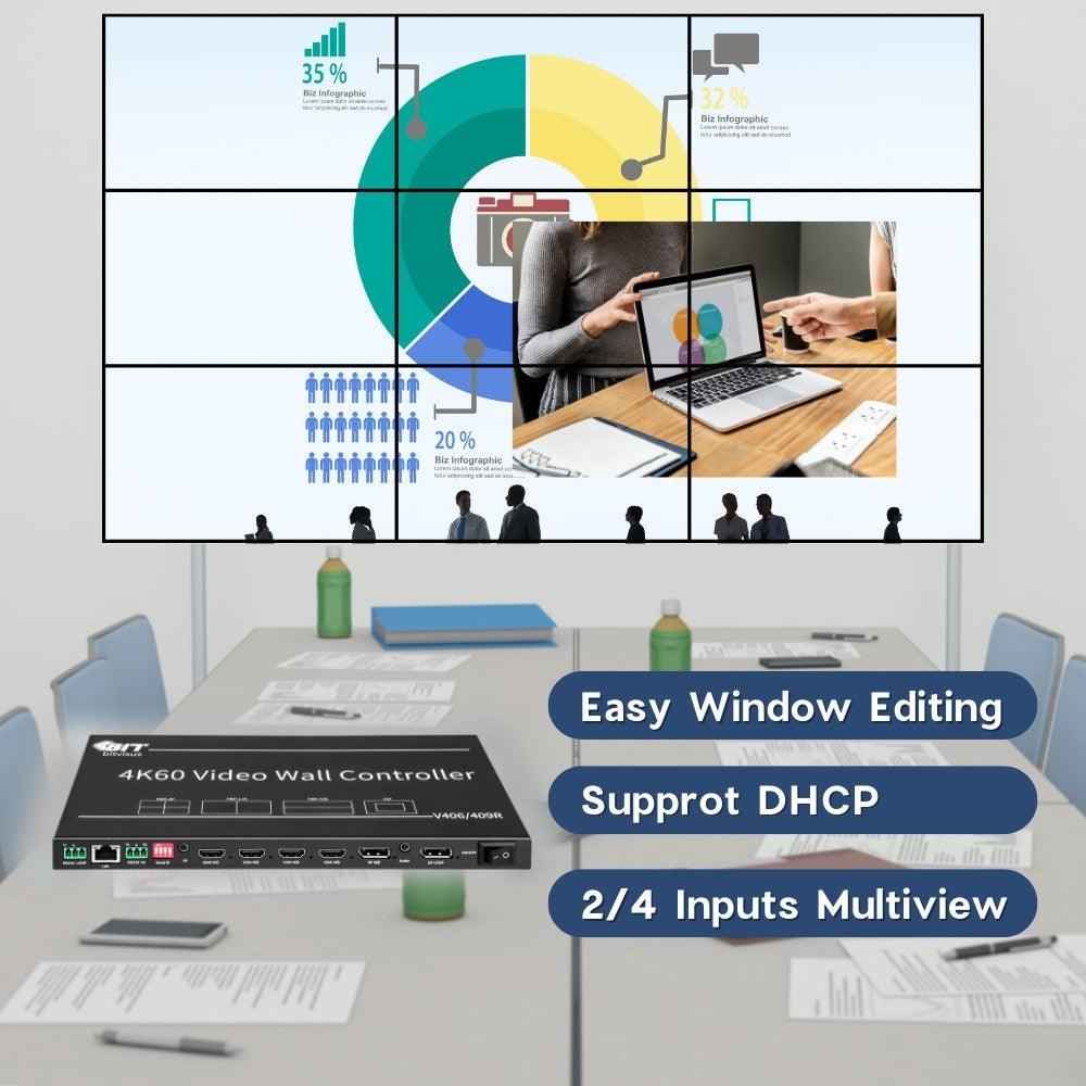 BIT-VWC-409R 4K 60Hz LCD Video Wall Controller Processor 2x2 3x3 HDMI DP Rotation Remote Control RS232