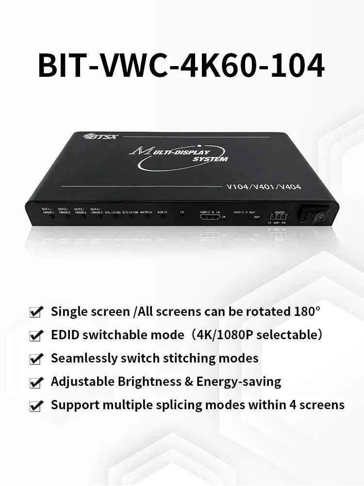 BIT-VWC-4K60-104 4K60Hz LCD 2x2 1x4 4x1 1x3 3x1 1x2 2x1 Video Wall Controller Processor 180°Rotation Seamless 1 In 4 Out HDCP