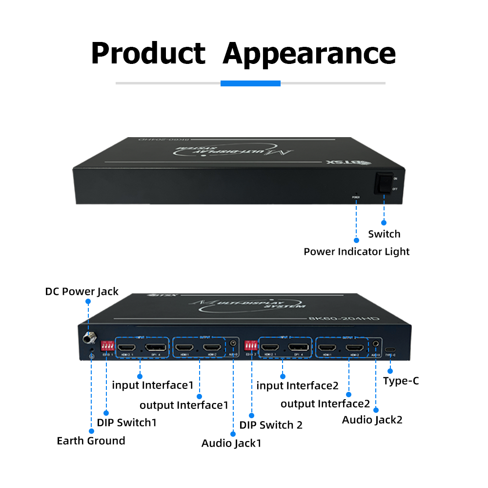 MSE-8K60-204HD 8K60Hz Video Wall Controller | 2×HDMI 2.1 + 2×DP 1.4 In, 4×HDMI 2.0 Out | 2×2 / 1×4 Multi-Screen Splicing