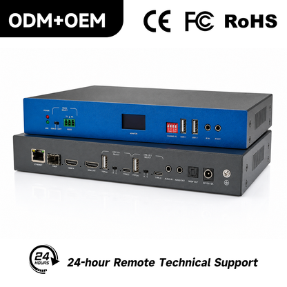 4K60 AV over IP KVM transmitter and receiver angled view with SFP fiber and RJ45