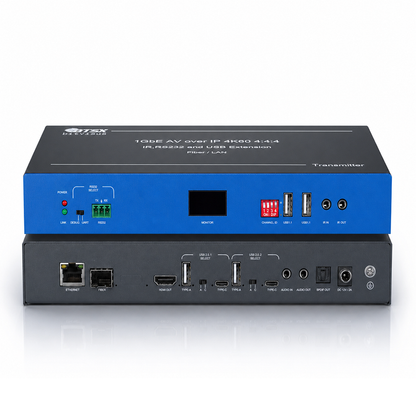 4K60 AV over IP transmitter rear panel with RJ45, SFP fiber, HDMI and USB 2.0 ports