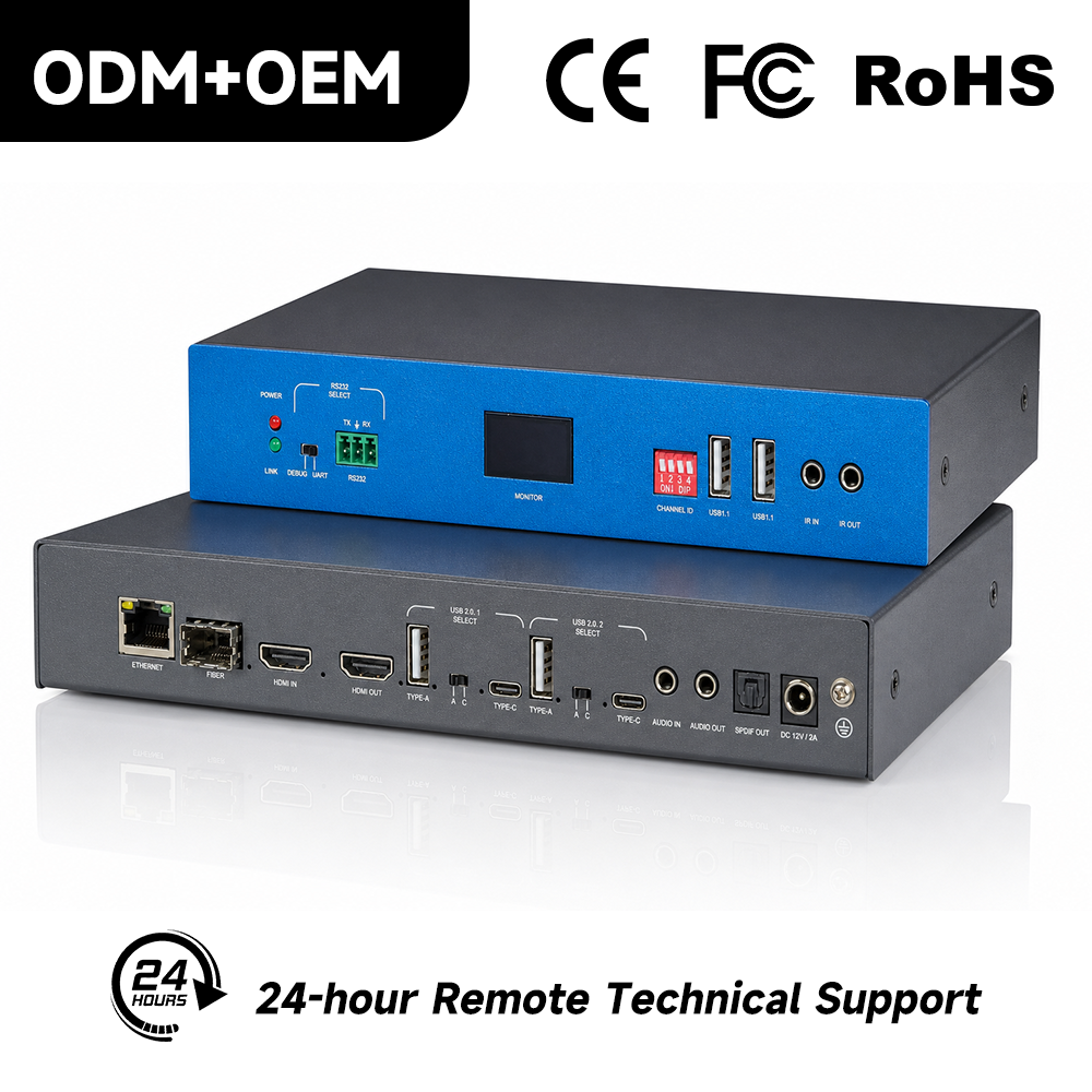4K60 AV over IP transmitter front panel with LCD IP display, RS232 and USB ports
