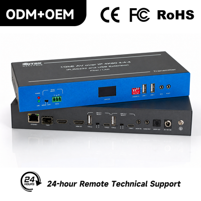4K60 AV over IP transmitter side view showing SFP fiber and Ethernet ports