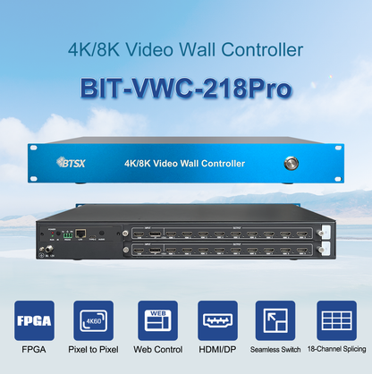 BIT-VWC-218Pro 4K60 video wall controller with 18 HDMI outputs, FPGA pixel-to-point splicing, seamless switching, web control and HDMI/DP input