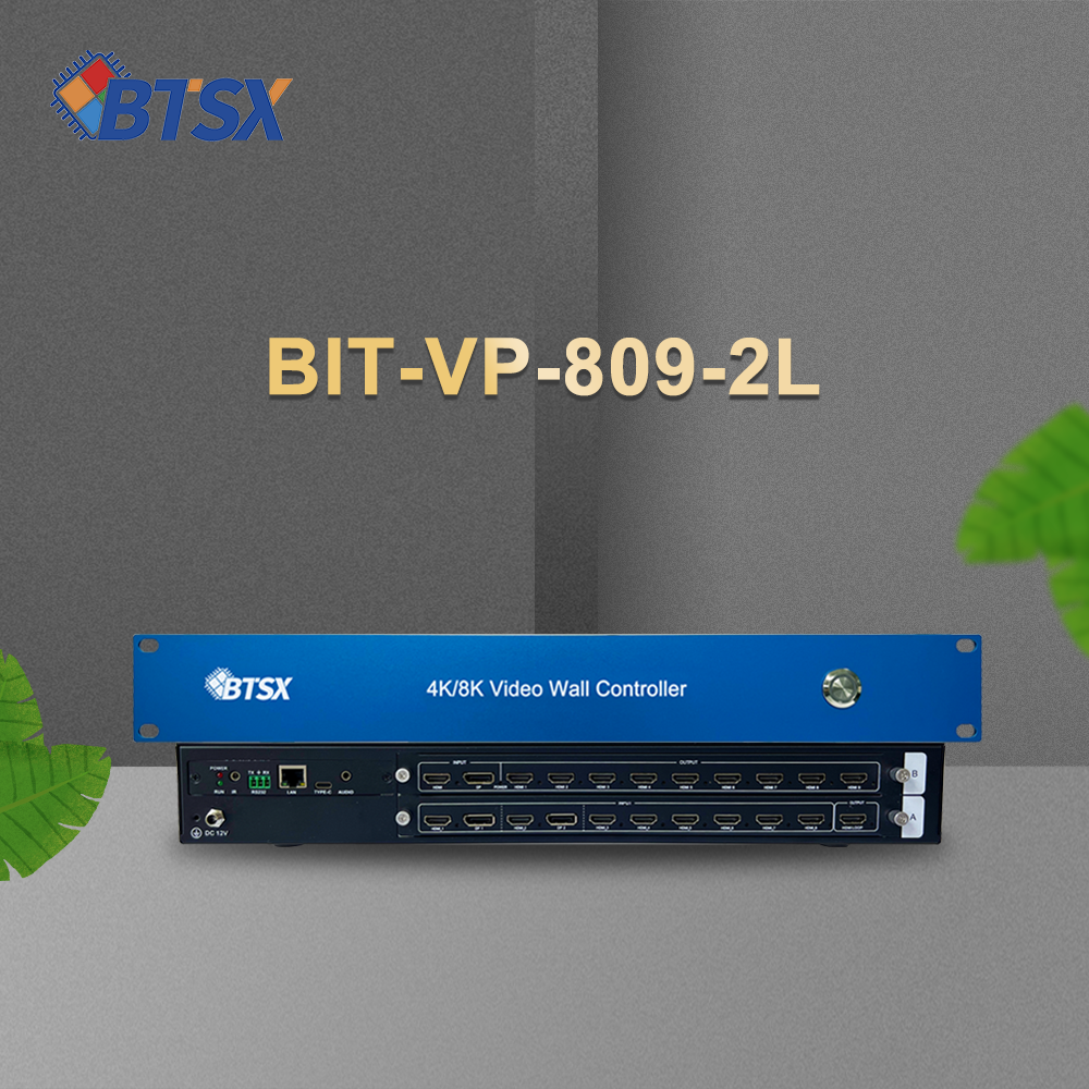BIT-VP-809-2L 4K60 multiview splicing processor front and rear view with HDMI DP input and HDMI output ports