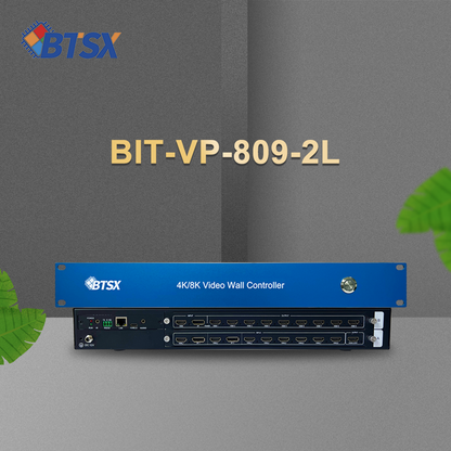BIT-VP-809-2L 4K60 multiview splicing processor front and rear view with HDMI DP input and HDMI output ports