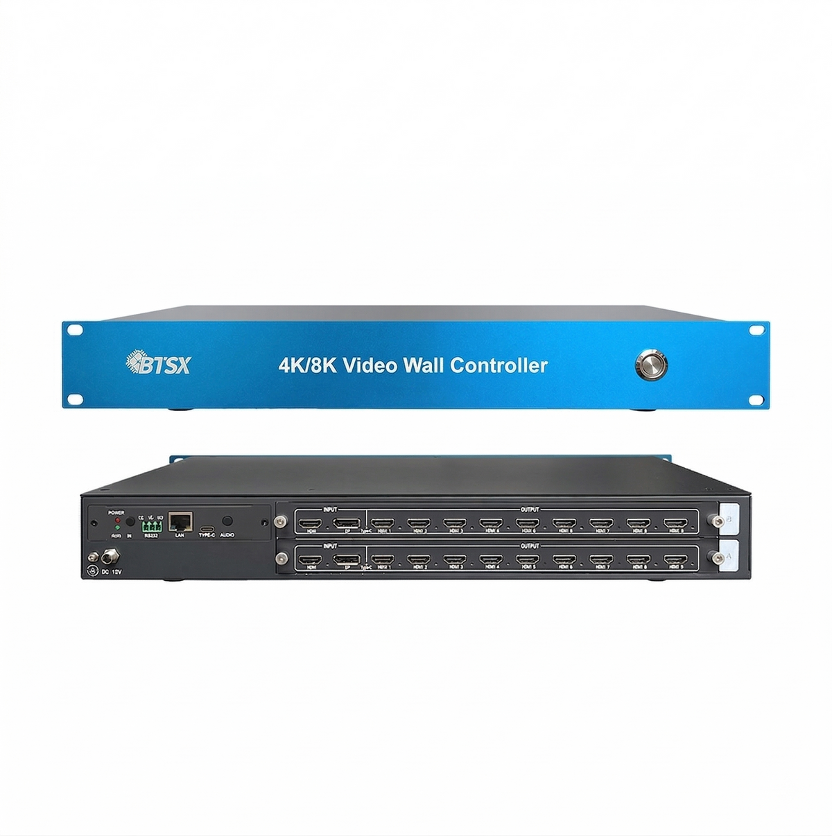 BIT-VWC-218Pro 4K60 video wall controller front and rear view with 2x HDMI 2.0 DP 1.2 inputs and 18x HDMI outputs