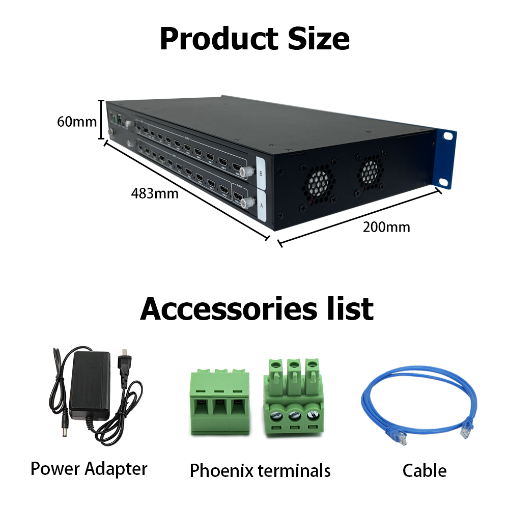 BIT-VP-809-2L multiview splicing processor dimensions and accessories list with power adapter, phoenix terminal and network cable