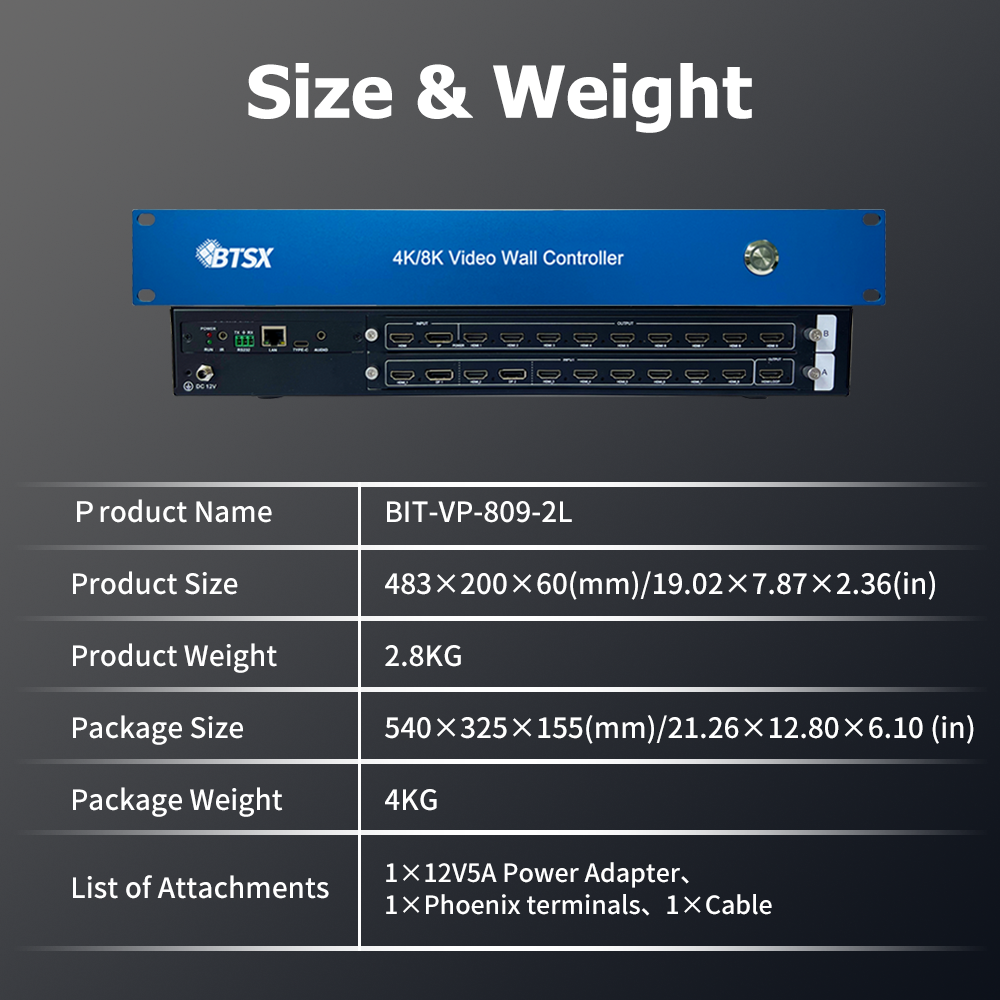 BIT-VP-809-2L multiview splicing processor size 483x200x60mm weight 2.8kg package and accessories