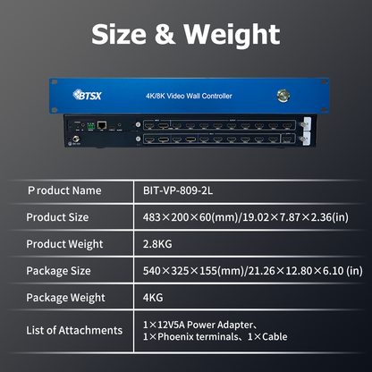BIT-VP-809-2L multiview splicing processor size 483x200x60mm weight 2.8kg package and accessories